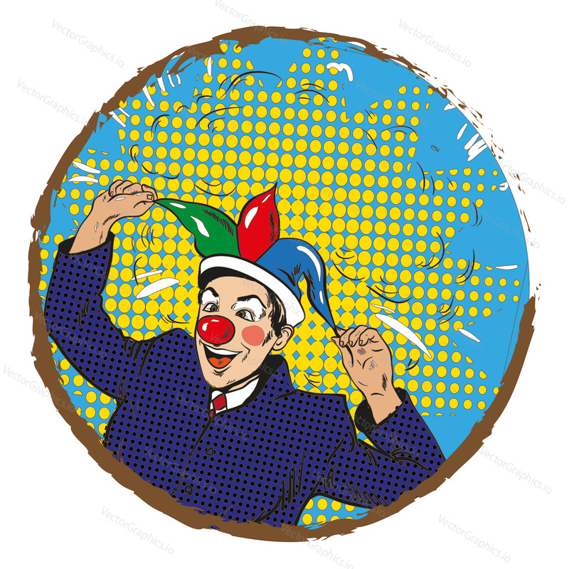 Vector illustration of businessman clown in jester hat in retro pop art comic style. Crazy man making people laugh, in round frame.