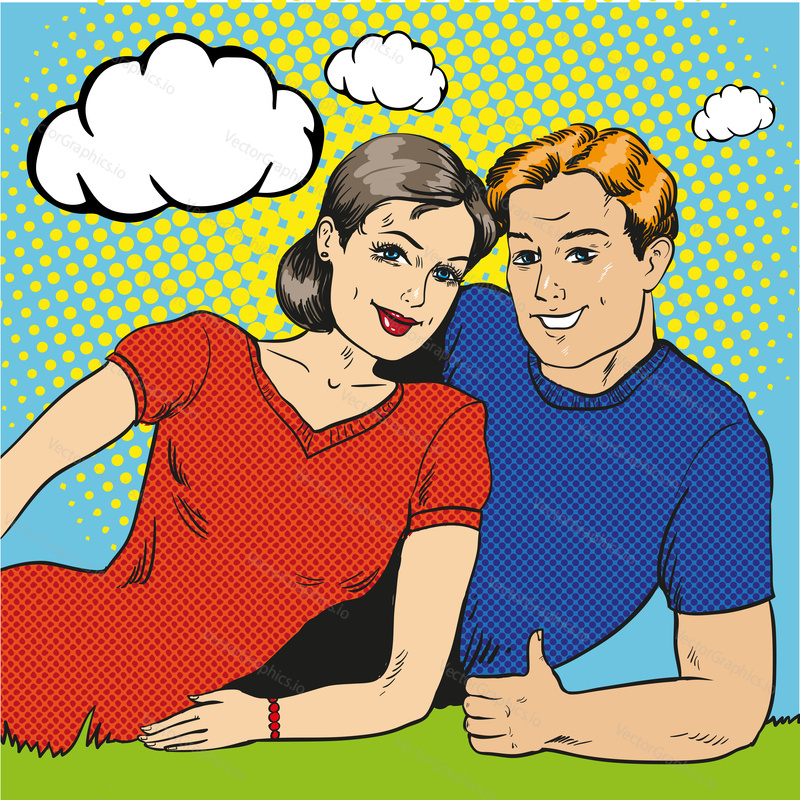 Vector illustration of happy couple in retro pop art comic style. Man showing thumb up hand sign.