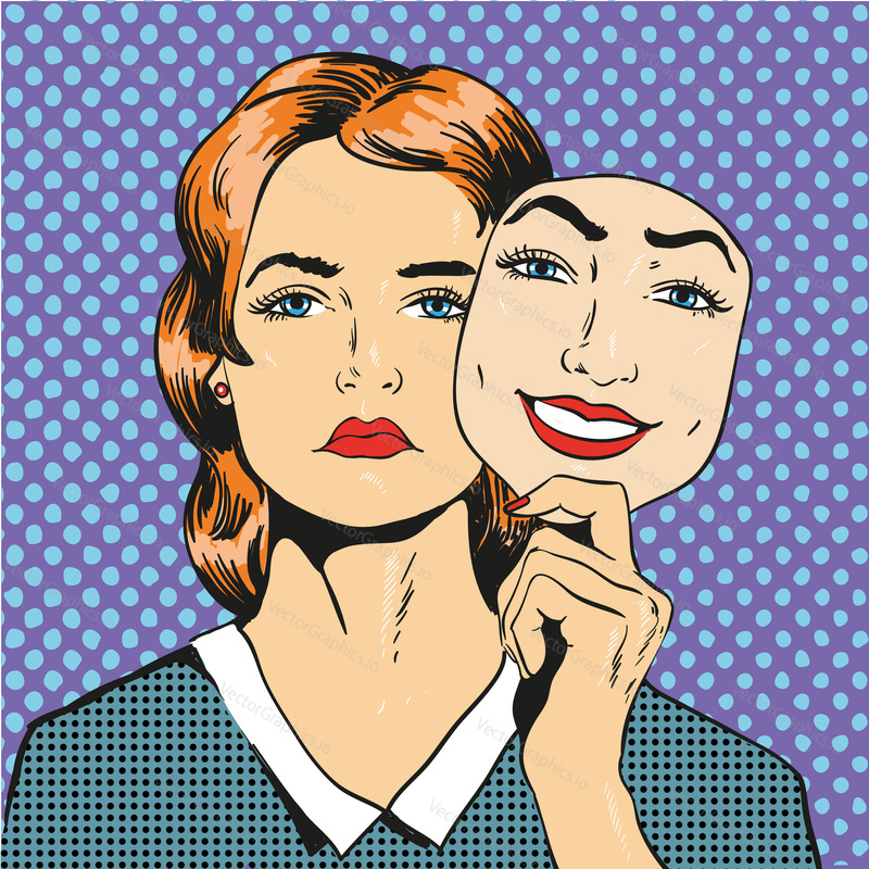 Woman with sad unhappy face holding mask with a fake smile. Vector illustration in comic retro pop art style.