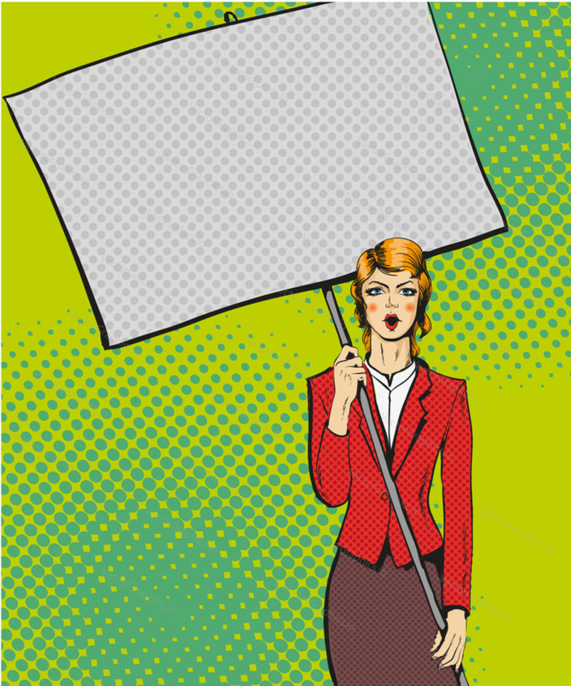 Vector illustration of woman holding blank white paper poster. Pop art comic retro style.