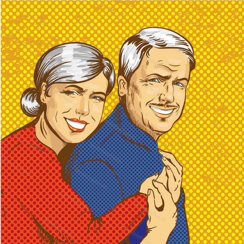 Vector illustration of smiling mature couple in retro pop art comic style. Happy family concept.