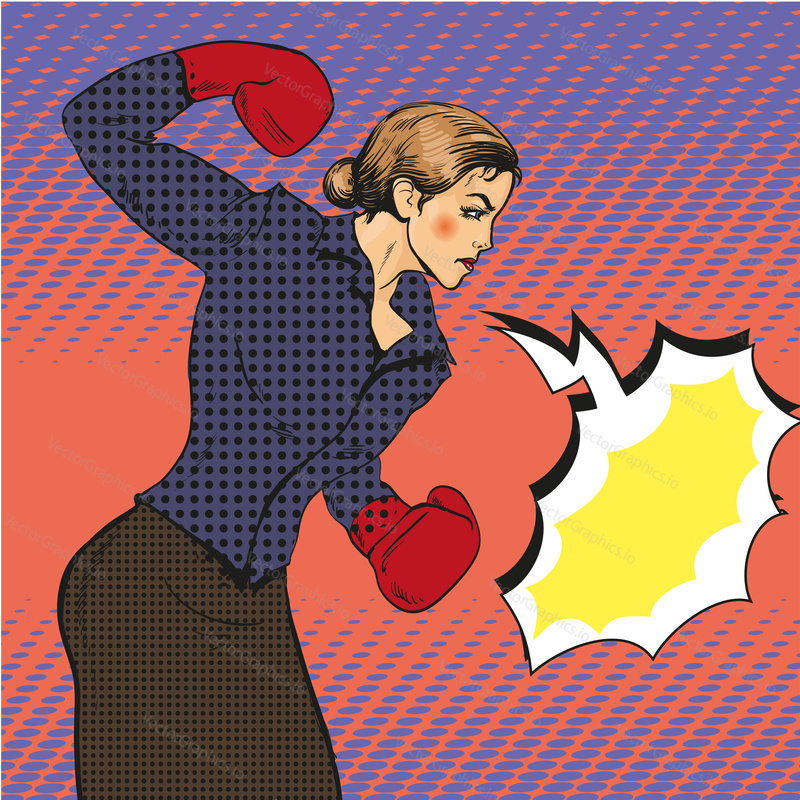 Vector illustration of strong business woman boxing in retro comic pop art style. Speech bubble.