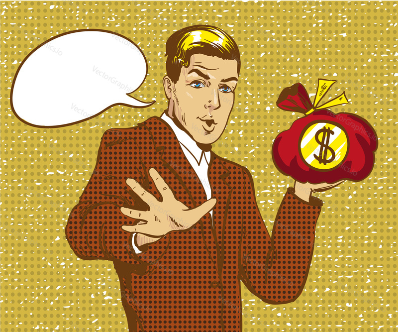 Vector illustration of happy businessman holding money bag with dollar sign. Business success, feelings and emotions concept in retro pop art comic style. Speech bubble.