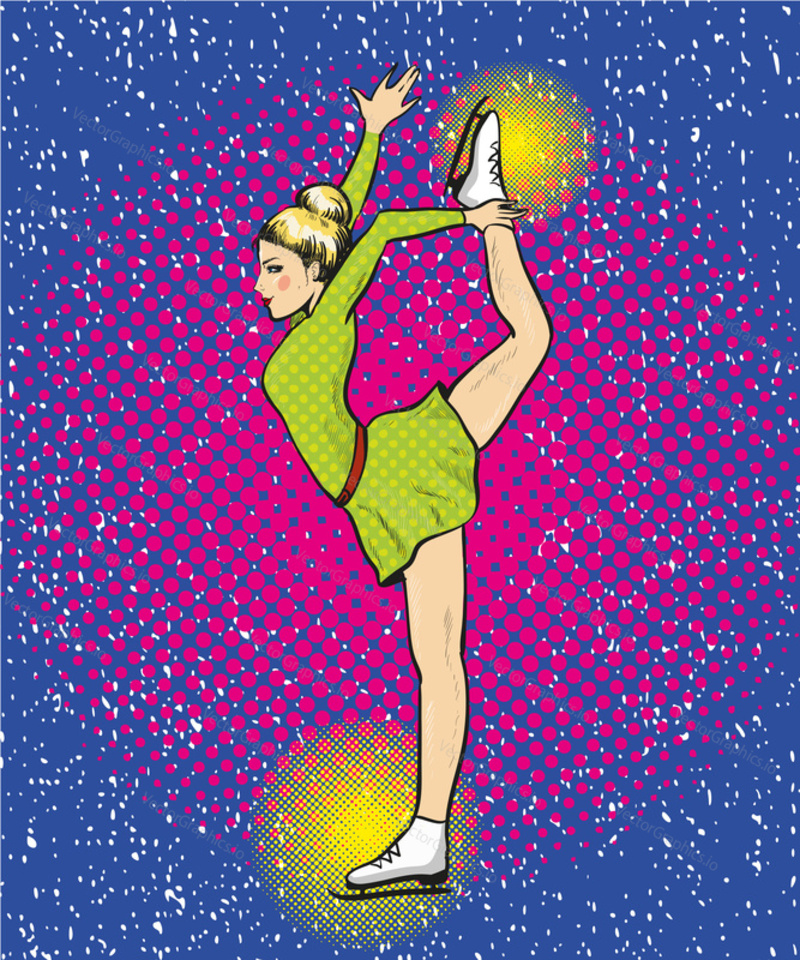 Vector illustration of young woman figure skater in retro pop art style. Winter sports concept.