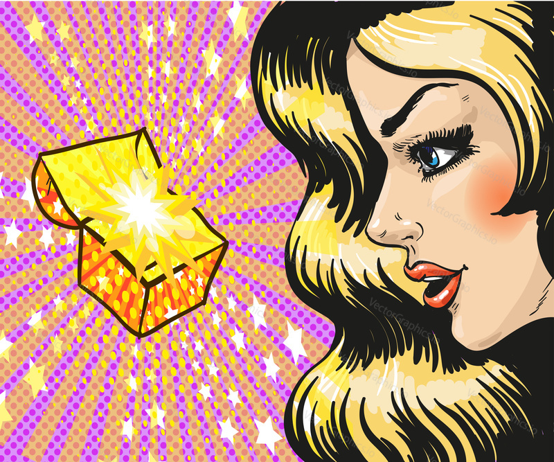 Vector illustration of beautiful young woman looking at gift, jewelry box in retro pop art comic style. She is delighted.