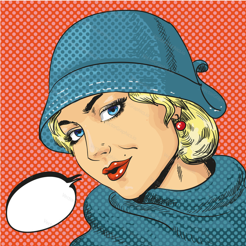 Vector illustration of elegant woman in hat in retro pop art comic style. Speech bubble.