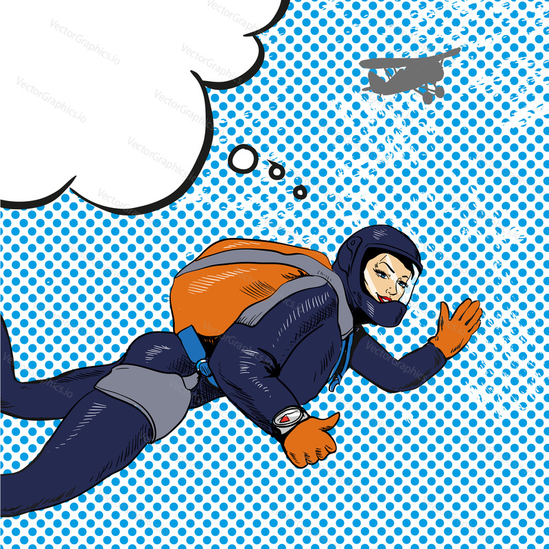 Vector illustration of skydiving woman in retro pop art comic style. Hand up and thumb up hand signs. Speech bubble.