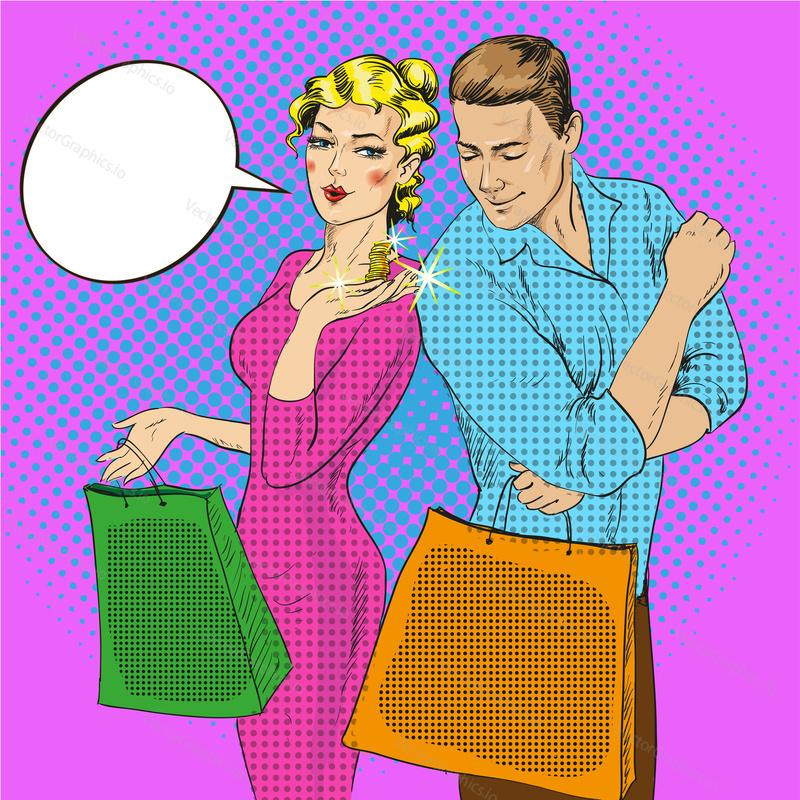 Vector illustration of man and woman with bags in retro pop art comic style. Couple talking to each other. Speech bubble. Lady showing coins on her palm. Shopping concept.