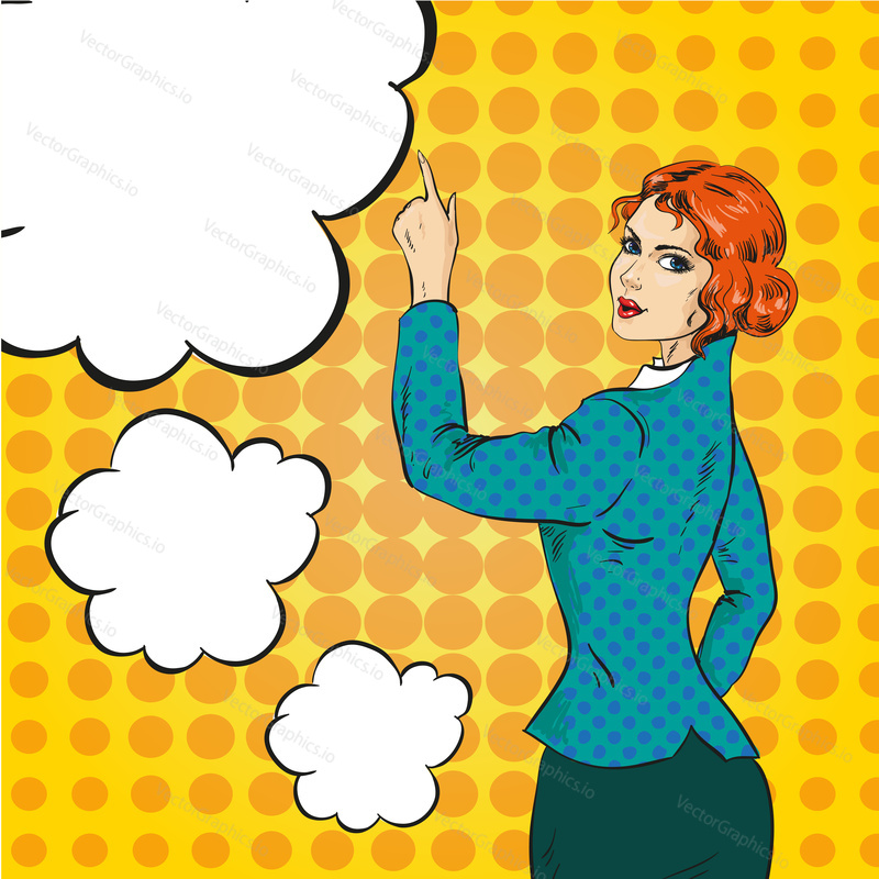 Vector Illustration of woman pointing at something in retro pop art comic style. Speech bubbles. Pointing hand sign.