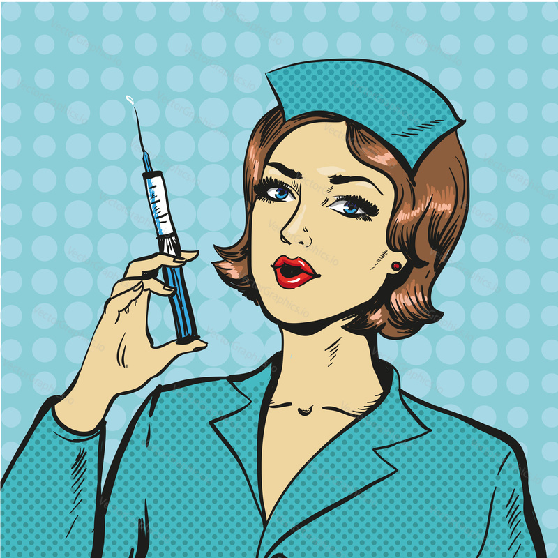 Vector illustration of woman nurse with syringe in retro pop art comic style. Medicine concept.