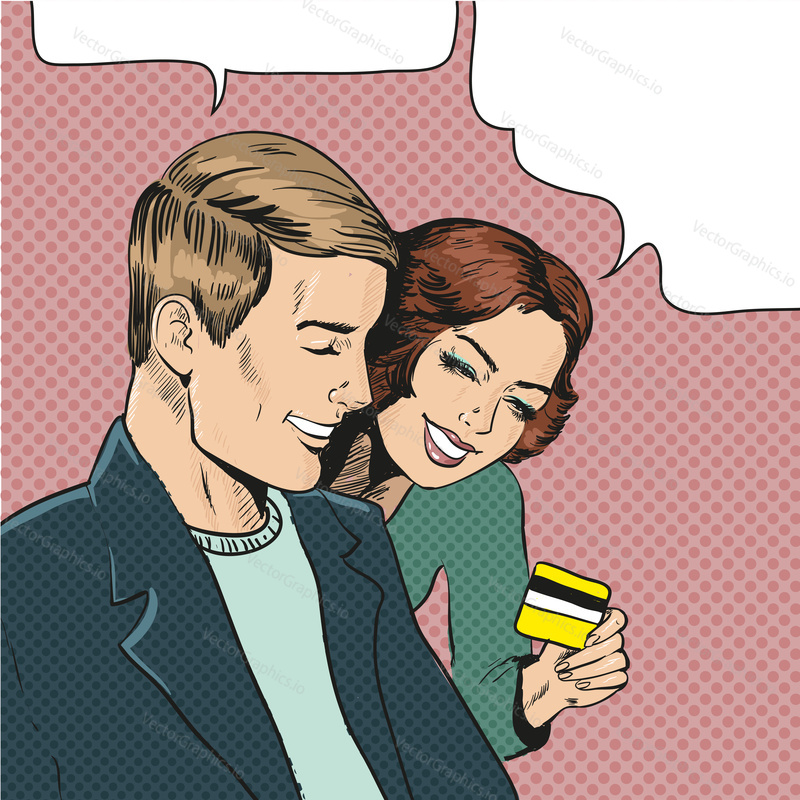 Vector illustration of smiling couple in retro pop art comic style. Woman holding credit card and showing it to her companion. Speech bubbles.