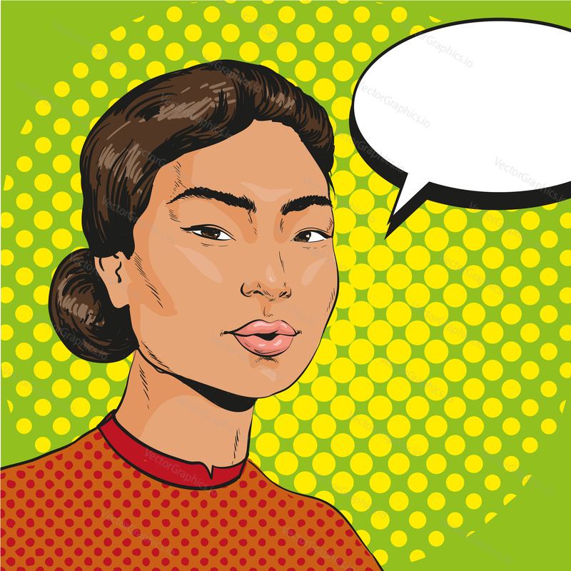 Vector Illustration of asian woman with speech bubble in retro pop art comic style.