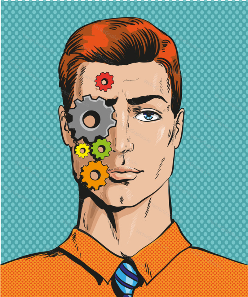 Vector illustration of man with cogwheels on right part of his face in retro pop art comic style. Calm, unemotional face.
