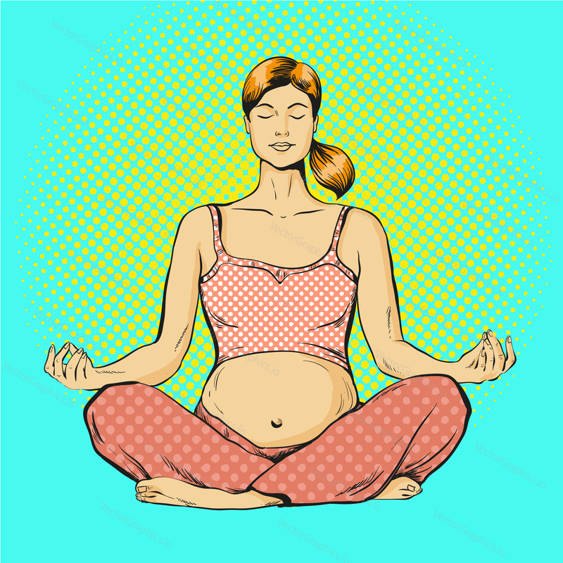 Vector illustration of pregnant young woman practicing yoga in retro pop art comic style. Concept of maternity.