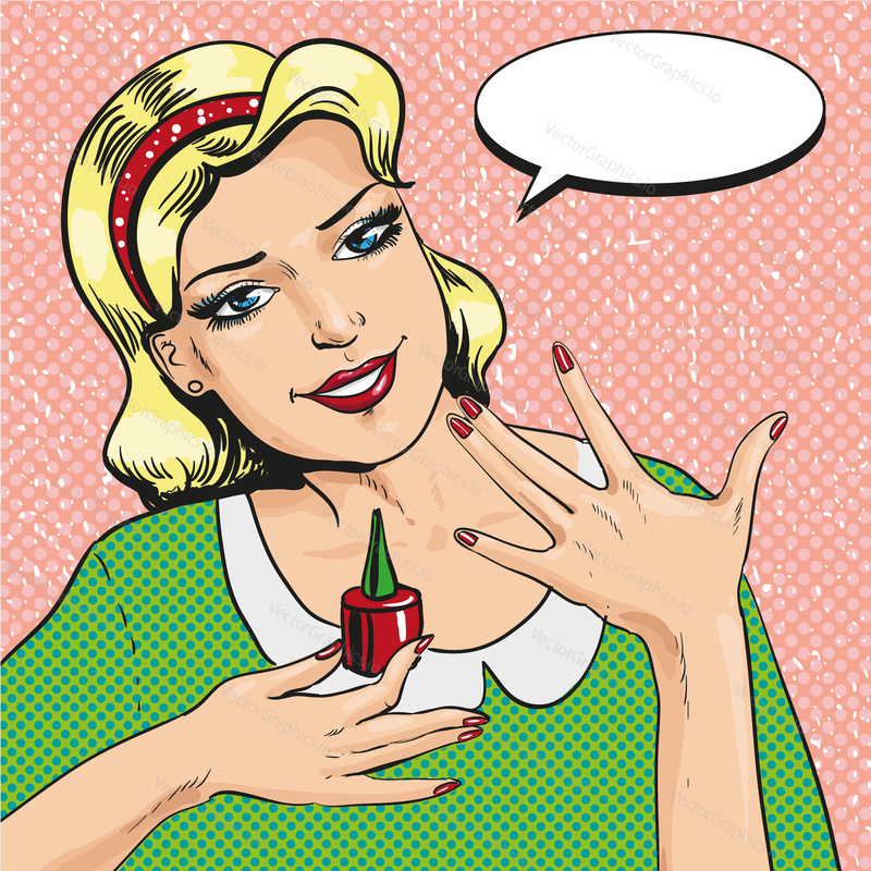 Vector illustration of woman showing his left hand with manicure and holding red nail polish in right hand. Retro pop art comic style. Speech bubble.