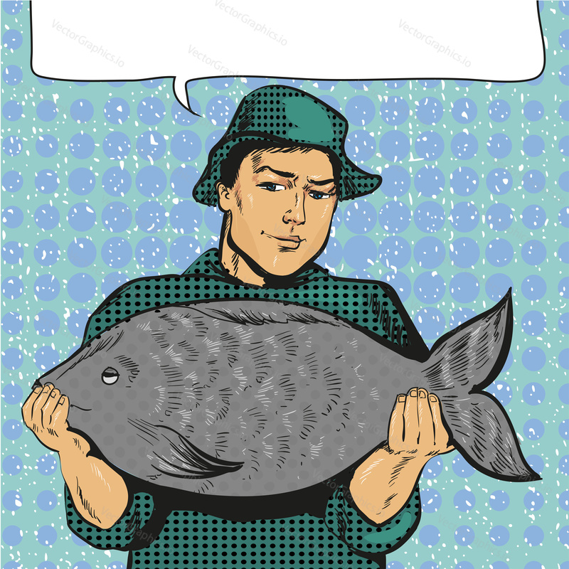 Vector illustration of fisherman holding big fish in his hands in retro pop art comic style. Speech bubble.