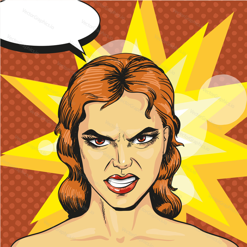 Vector illustration of angry, infuriated woman in retro pop art comic style. Negative emotions.