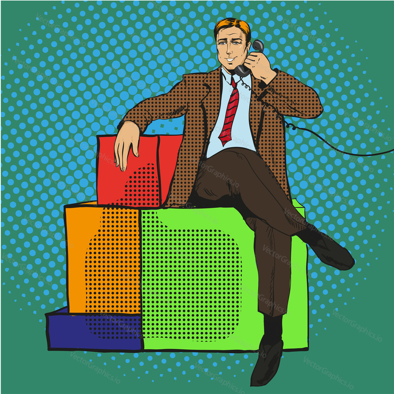 Vector illustration of man, businessman sitting on gift and talking over the phone, retro pop art comic style.