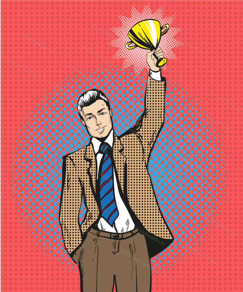 Vector illustration of happy businessman holding cup. Business success, feelings and emotions concept in retro pop art comic style.