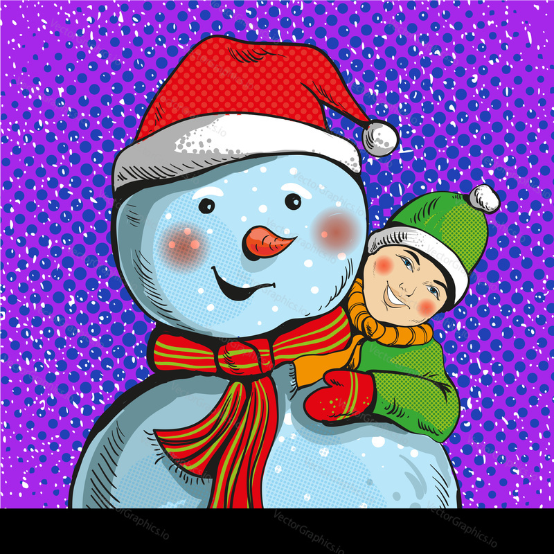 Vector illustration of smiling snowman in christmas hat and boy in retro pop art comic style. Winter activity concept. Greeting card template.