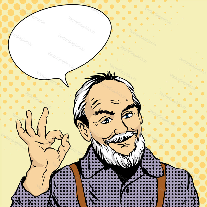 Old man shows OK hand sign. Vector illustration in retro comic pop art style. Design elements and stickers.
