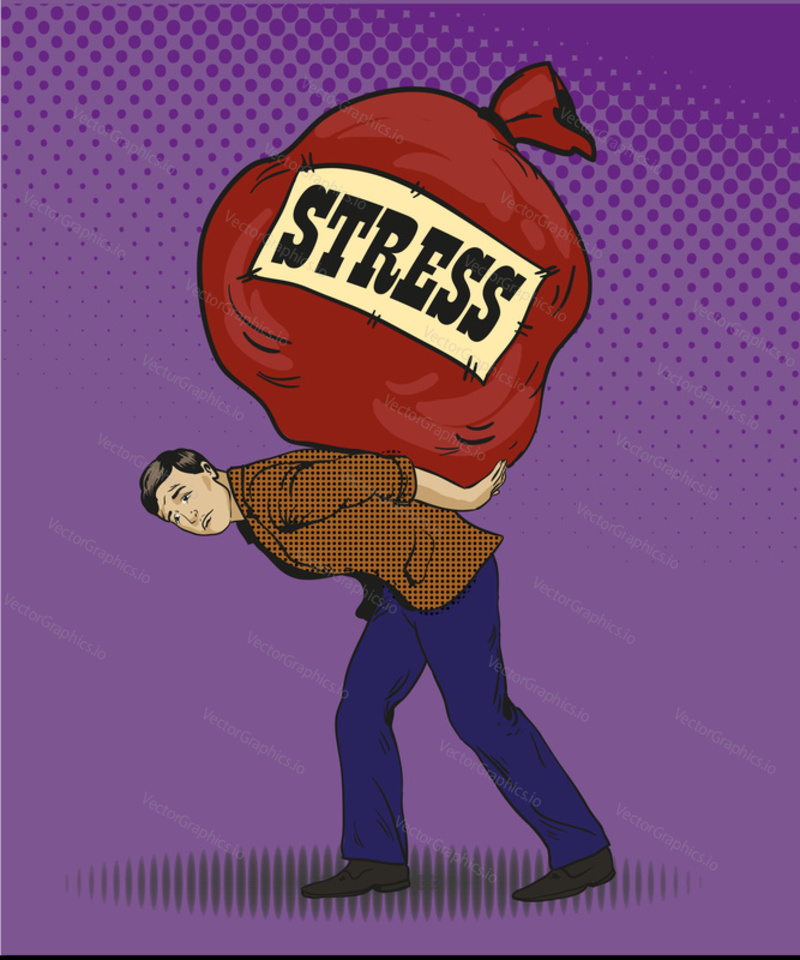 People in stress situations concept vector illustration in retro pop art style. Man carrying big bag with stress sign. Comic design.