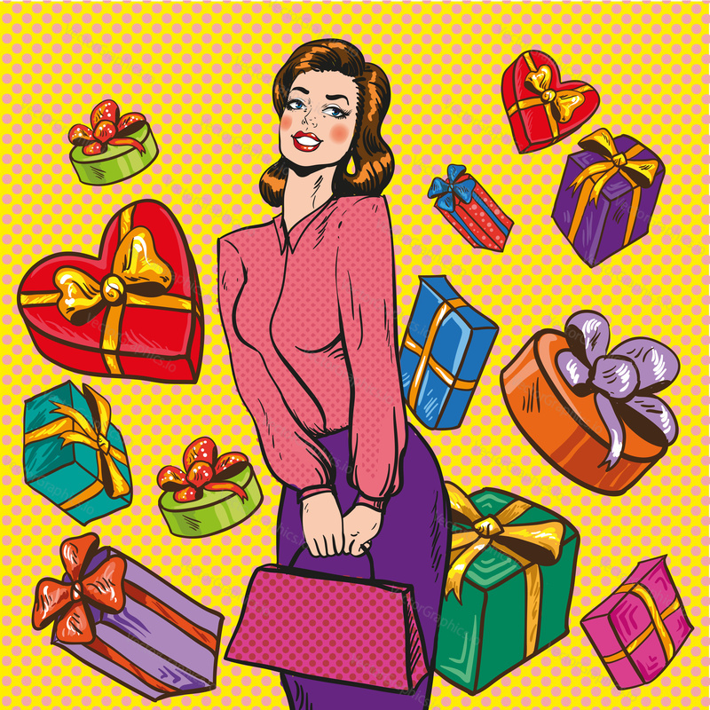 Vector illustration of young woman and gift boxes around her, pop art style in retro pop art comic style.
