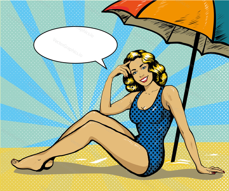 Woman in swimsuit on a tropical beach. Summer concept vector illustration in retro comic pop art style.