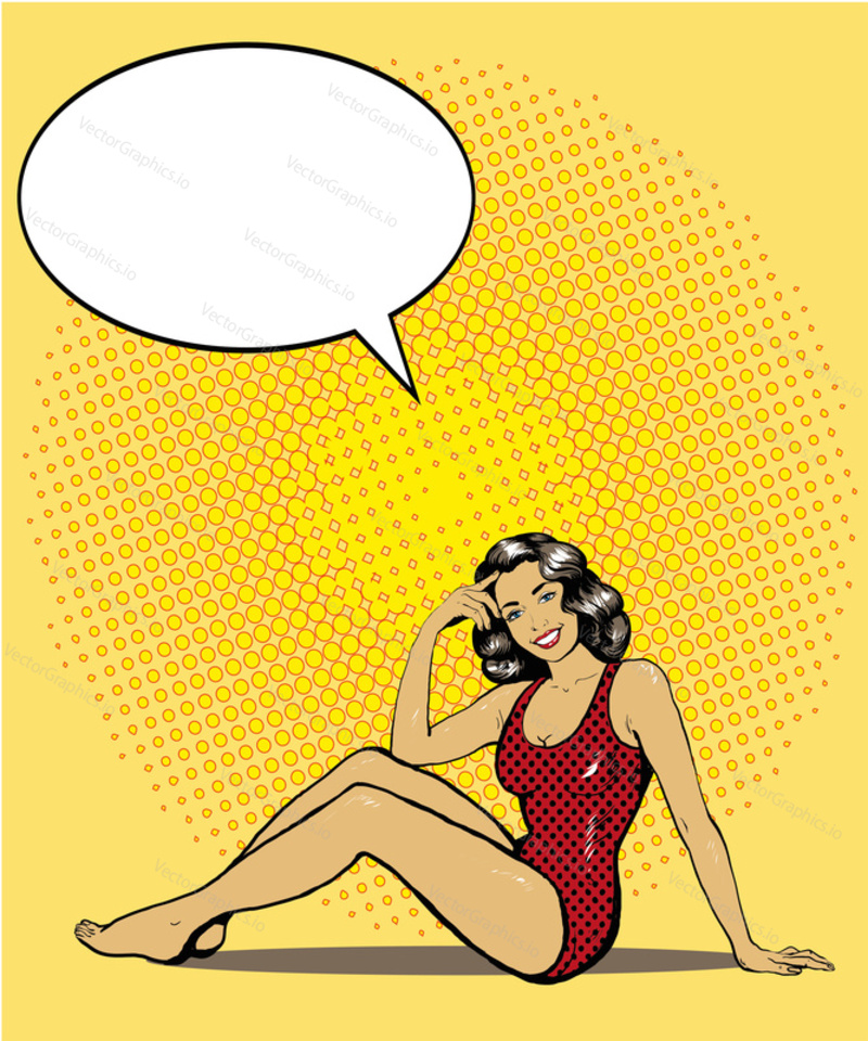 Woman in swimsuit on a beach. Summer concept vector illustration in retro comic pop art style.