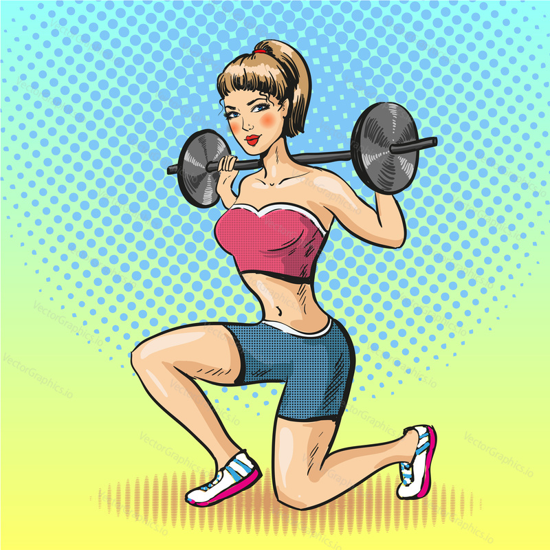 Vector illustration of strong young woman exercising with barbell. Fitness girl, retro pop art comic style.