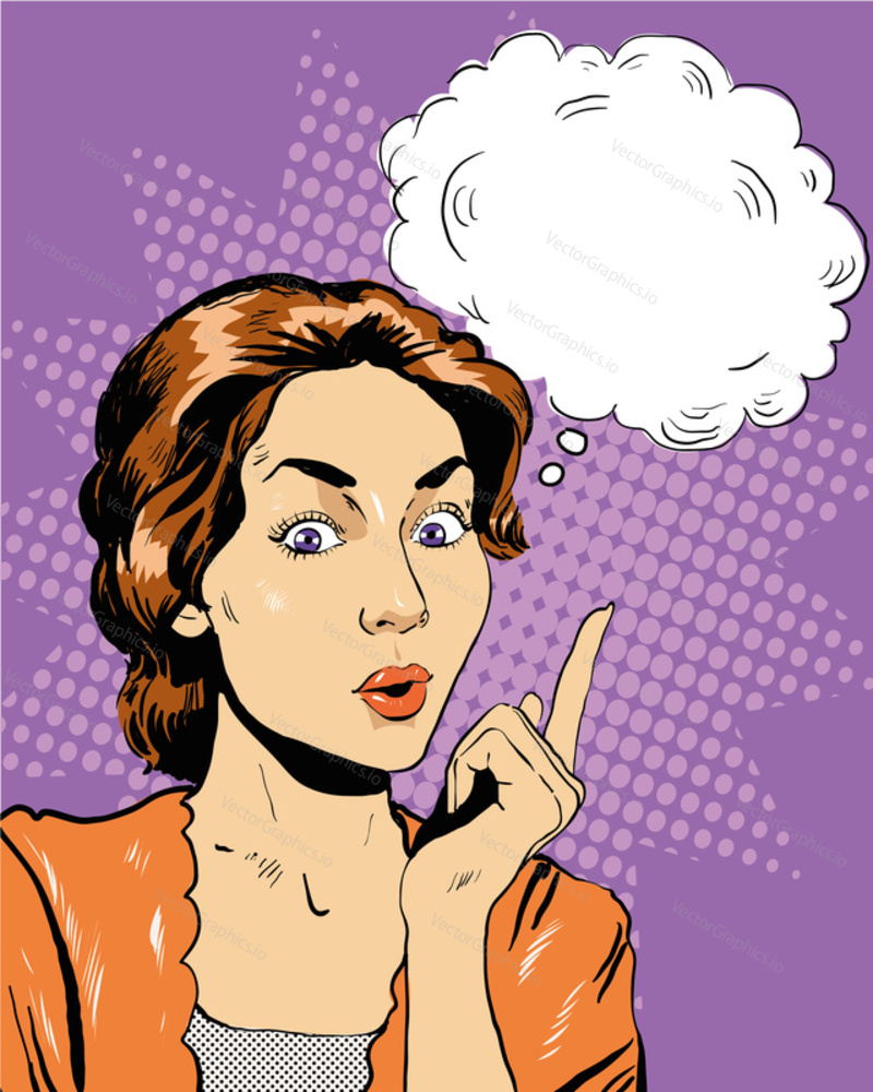 Thinking woman with speech bubble. Vector illustration in retro pop art comic style.