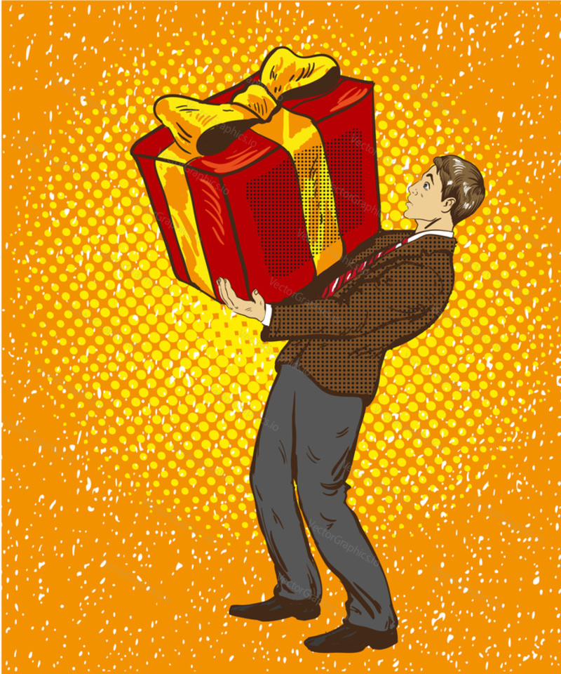 Man holds big gift box. Vector illustration in retro comic pop art style. A guy with christmas or birthday gift.