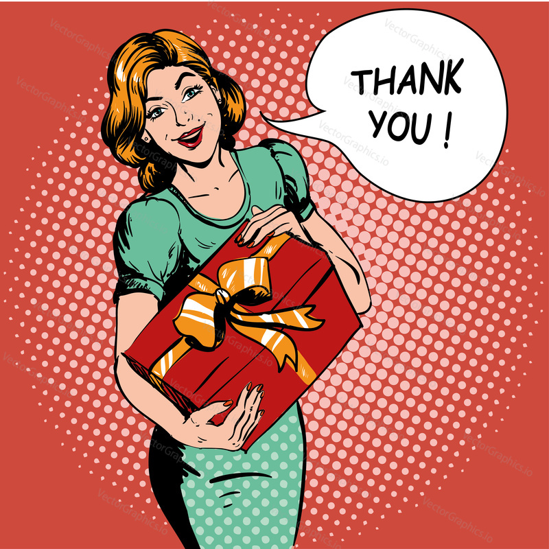 Woman hold gift box. Thank you speech bubble. Vector illustration in retro comic pop art style. Beautiful girl with christmas or birthday gift.