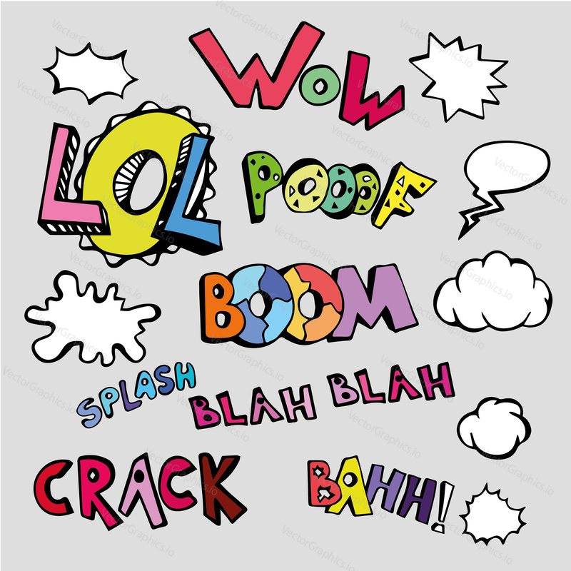Vector set of comic text. Illustration in pop art style. Comic speech bubbles for different emotions and sound effects