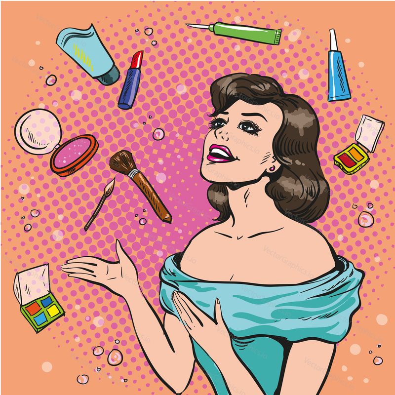 Vector illustration of beautiful smiling woman scattering makeup around herself, retro pop art comic style.