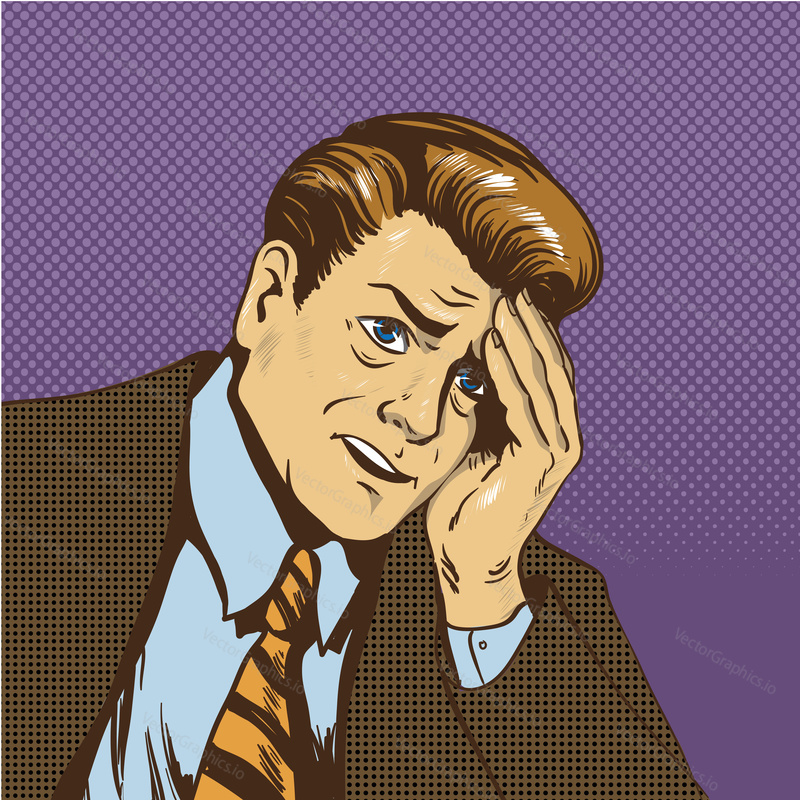 Upset man vector illustration in retro comic pop art style. Sad businessman in stress situation thinking about his business failure.