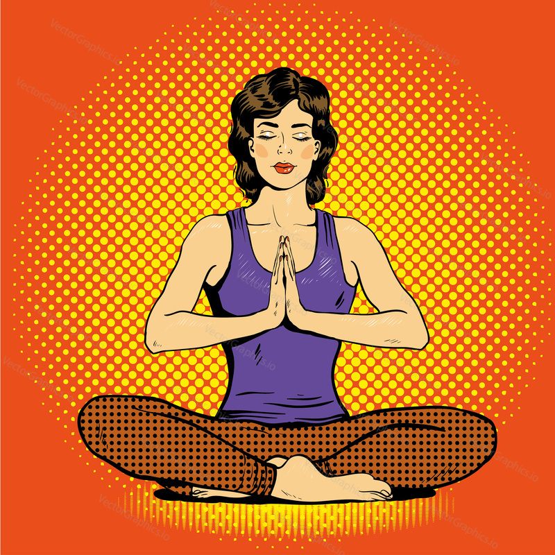 Meditating woman with speech bubble in retro pop art comic style. Mental balance and yoga concept.