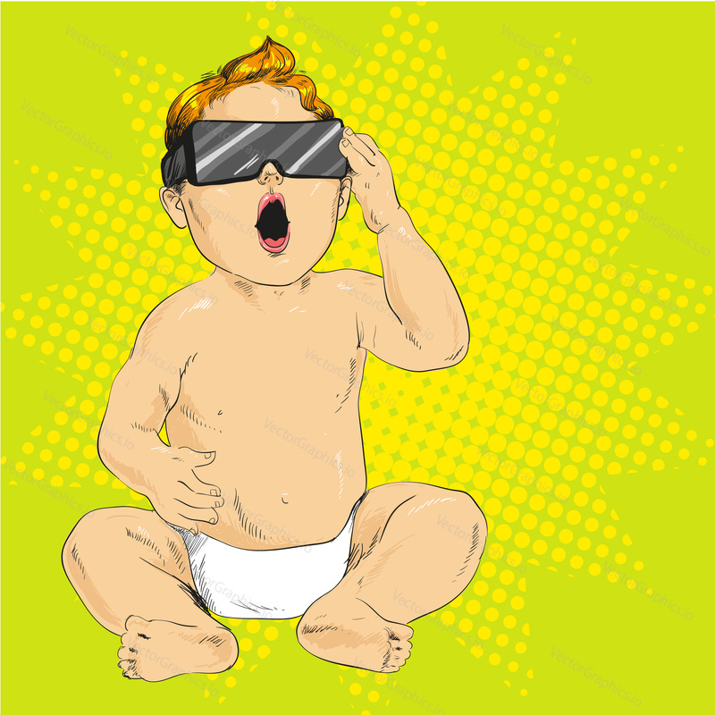 Vector illustration of little baby in 3d anaglyph glasses with opened mouth in retro pop art comic style. Stereo glasses for cinema.