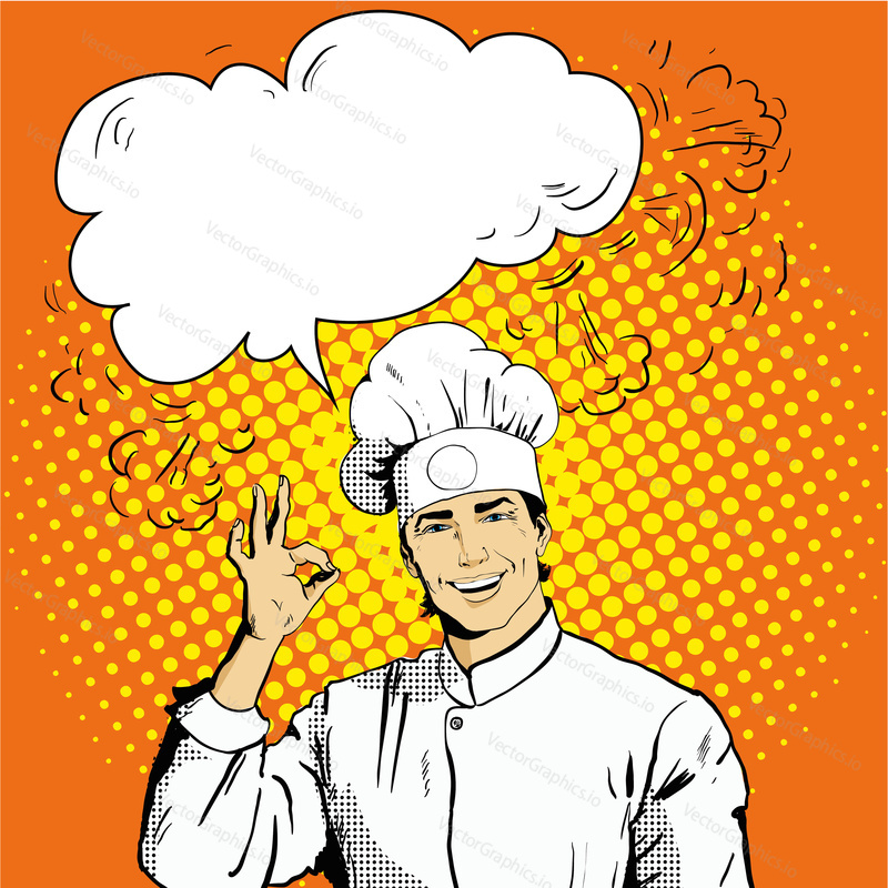 Chef with speech bubble shows OK sign. Vector illustration in retro comic pop art style. Restaurant concept.