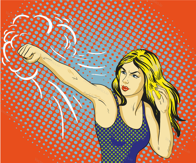 Young beautiful business woman punching and boxing. Concept vector poster in retro comic pop art style.