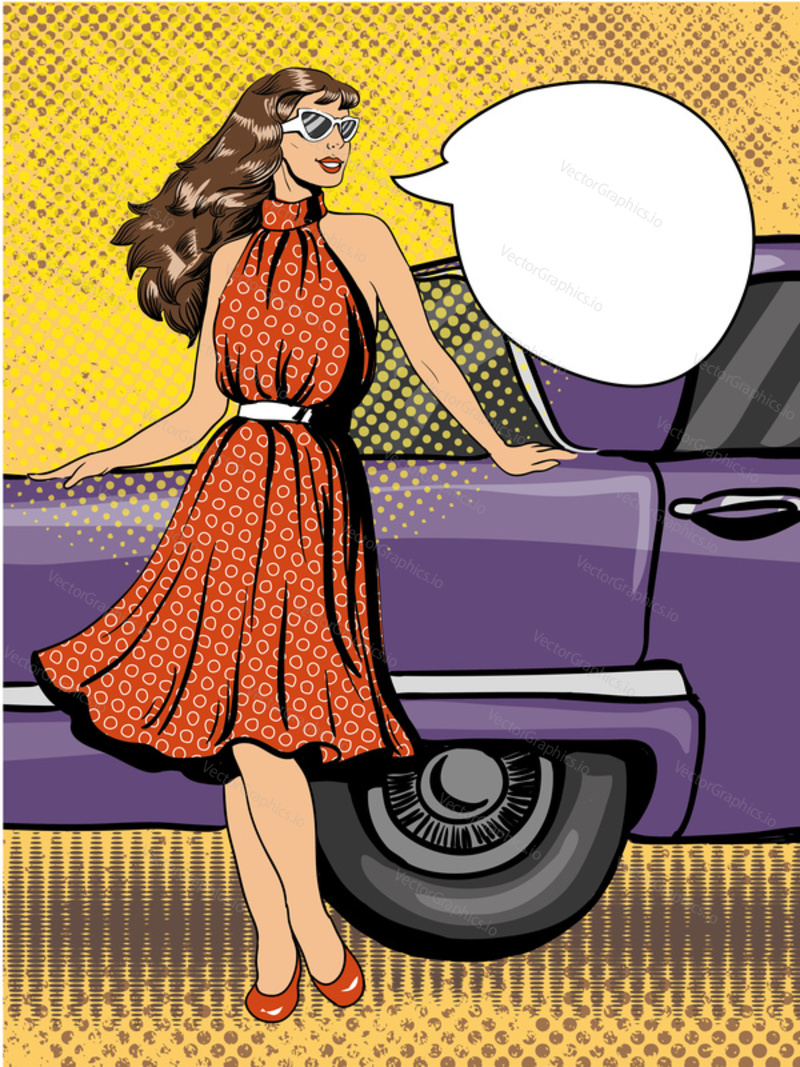 Beautiful woman in dress stay next to car. Comic vector illustration in pop art retro style. Speech bubble.