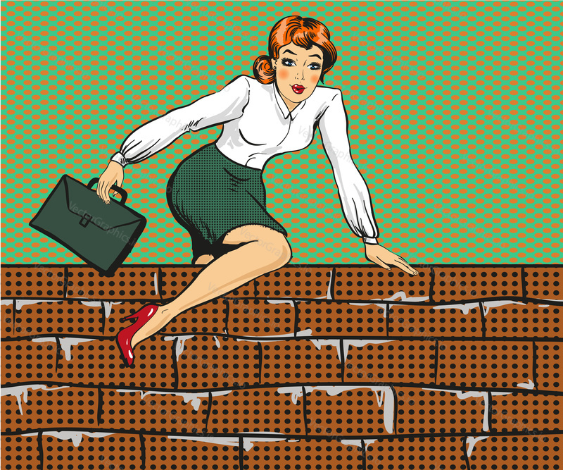Vector illustration of young woman climbing over the fence or brick wall. Business woman overcoming challenges concept in retro pop art comic style.