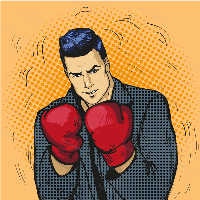 Man in boxing gloves vector illustration in comic pop art style. Businessman ready to fight and protect his business concept.
