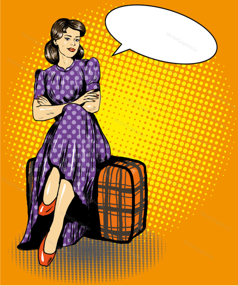Beautiful woman sit on a bag. Vector illustration in comic retro pop art style. Speech bubble.