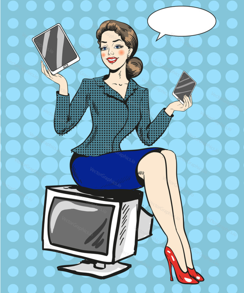 Vector illustration of woman advertising gadgets. Young lady sitting on TV set and holding tablet and smart phone in retro pop art comic style. Speech bubble.