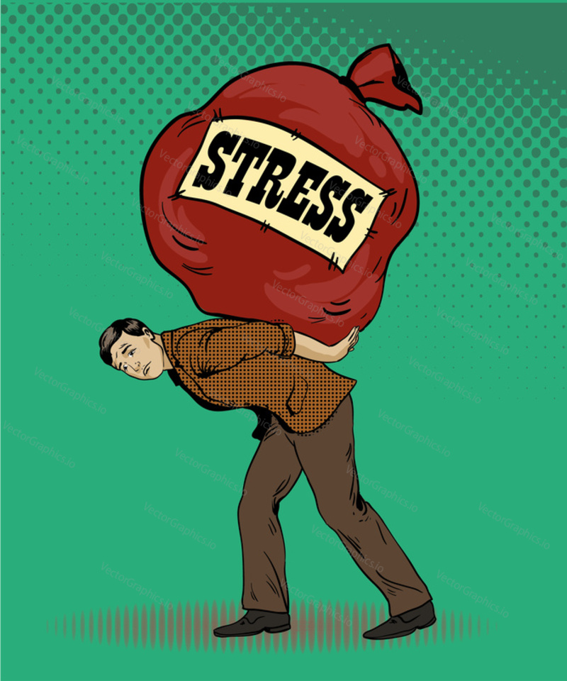 People in stress situations concept vector illustration in retro pop art style. Man carrying big bag with stress sign. Comic design.