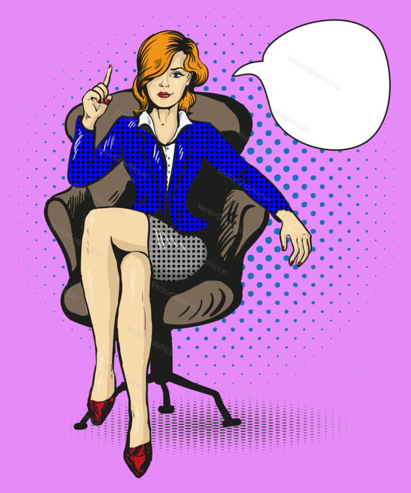 Successful business woman sit in chair vector illustration in comic pop art style.