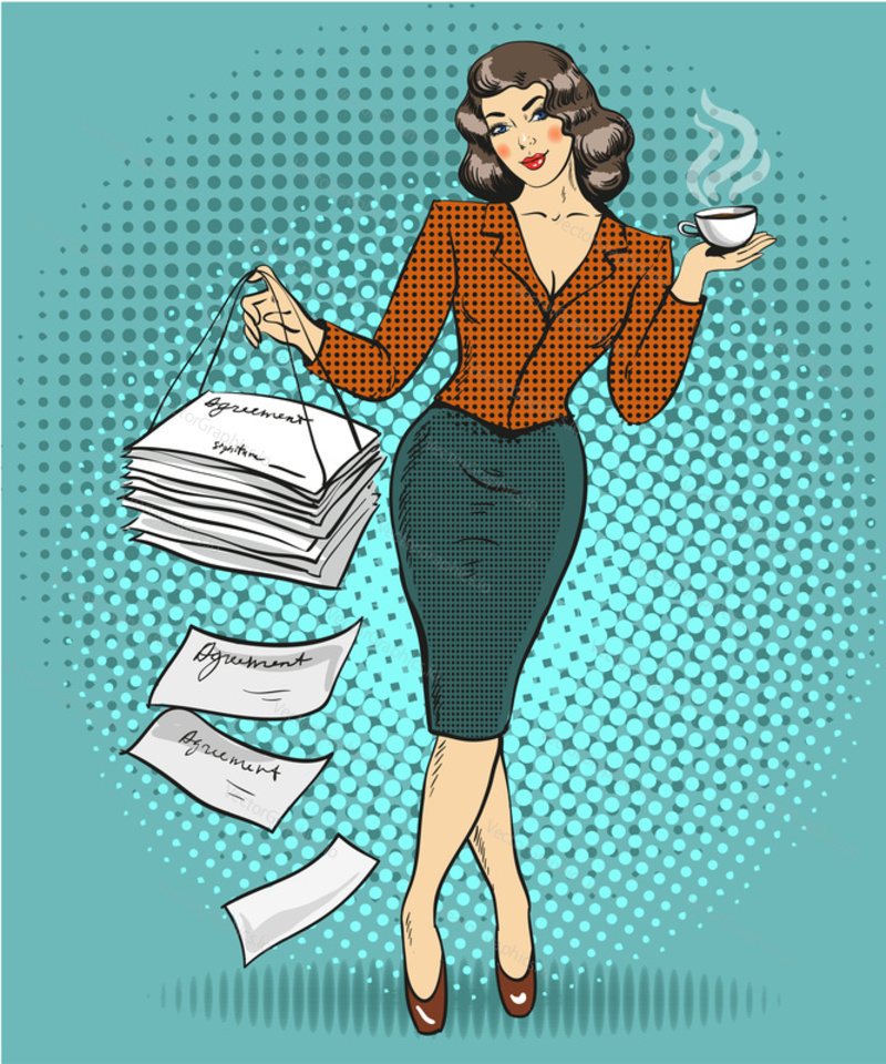 Vector illustration of business woman with cup of coffee in one hand and heap of documents agreements in another hand. Retro pop art comic style.