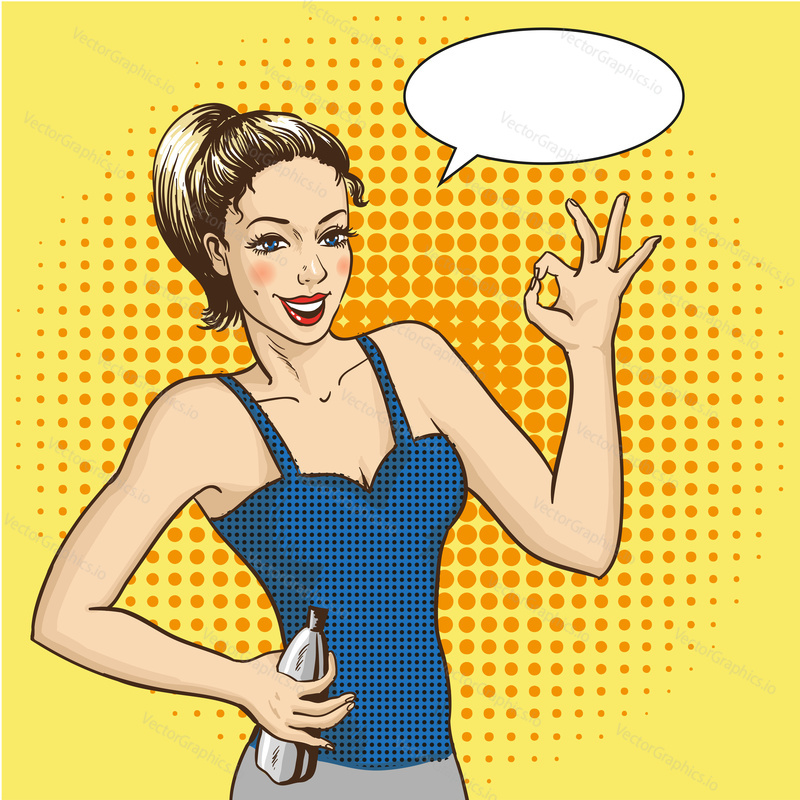 Woman smiles and shows OK hand sign with speech bubble. Vector illustration in retro comic pop art style. Fitness girl in good shape with bottle of water.