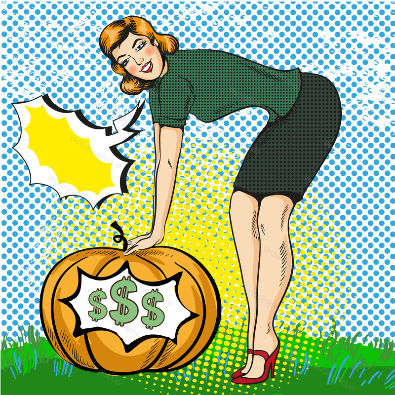 Vector illustration of successful business woman and big pumpkin with dollar signs inside of it, speech bubble. Rich money harvest. Retro pop art comic style.